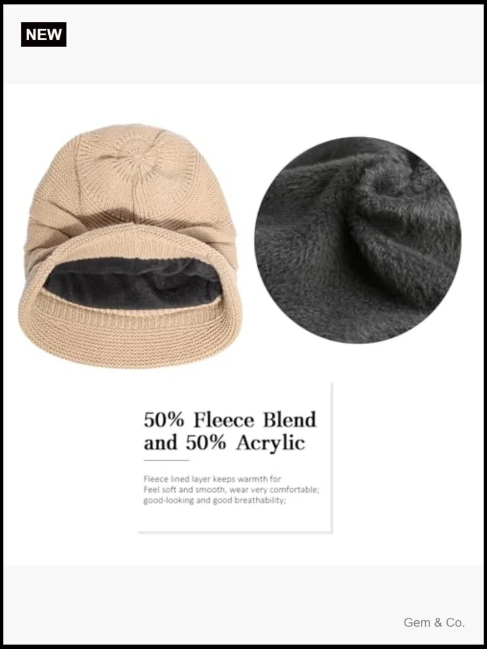Fleece Lined Slouchy Beanie Hat with Visor for Women